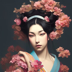 Geisha with flowers, portrait of a geisha, fictional person created with generative ai