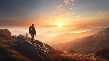 Hiker Standing at Top of Mountain Enjoying Beautiful Scenery AI Generative