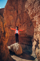 Young happy woman tourist standing in red canyon. Brave female hiker in solo trekking. Adventure, wanderlust, sightseeing. Vertical image.