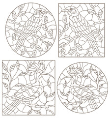 A set of contour illustrations in the style of stained glass with birds on tree branches, dark contours on a white background