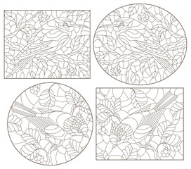 Set of contour  illustrations of stained-glass windows with birds against branches of a tree and leaves