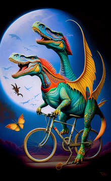 Dinosaur riding bicycle created with Generative Al technology