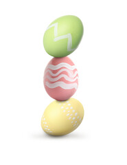 Stack of Easter eggs on white background