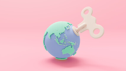 Wind up Earth globe green-blue pastel color on pink background. Designed in minimal concept. 3D Render.