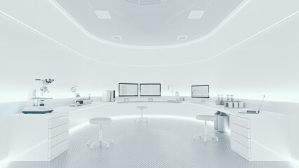 Scientific laboratory white room. can be used in education, science industry background. Designed in minimal concept. 3D Render.