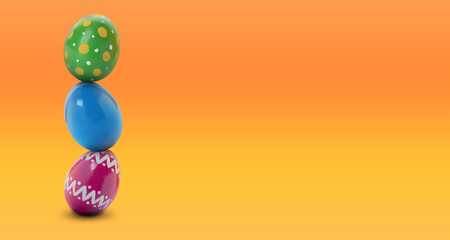 Stack of Easter eggs on orange gradient background, space for text