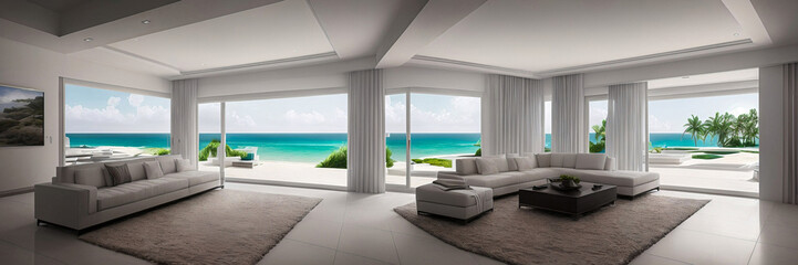 Fototapeta na wymiar White modern villa interior with sea view wide image