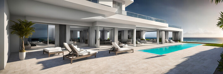 Fototapeta na wymiar White modern villa exterior with sea view wide image