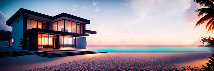 Modern villa in tropical landscape at sunset wide image