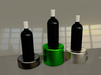 Obraz premium 3d rendering. Three realistic wine bottle on podium cylinder. Wine bottle mockup with perspective angle.