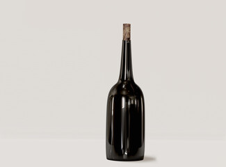 3d rendering. Classic wine bottle with cork in woodcut material. Bottle mockup.