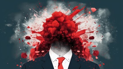 A stressed and tired businessman, showing a surreal and humorous expression mixing work and business. Dressed in a suit and tie, with a cloud of smoke and blood. GENERATIVE AI