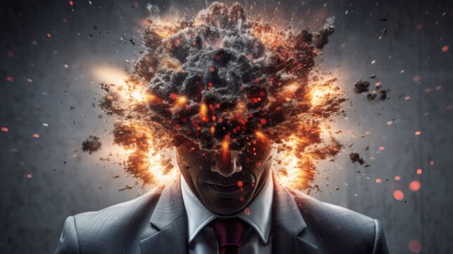 Man in a business suit with a blown head. The concept of mental overload, busyness, stress at work, brain drain, GENERATIVE AI