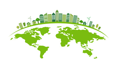 Green world concept vector illustration. Green buildings, house and trees on planet earth in flat design on white background.
