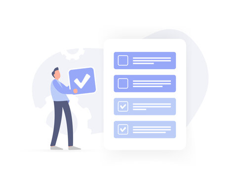 To-do list app concept features task management and reminders, with check mark list. Person holding check mark, symbolizing completion of task or solution to problem. Flat design vector illustration