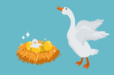 happy white goose with one hantched golden egg