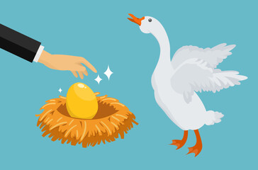 hand stealing a golden egg from a white goose