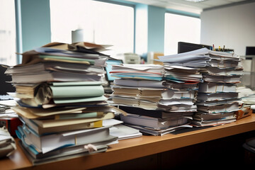 large piles of files piled up on a desk, heavy workload - AI.
