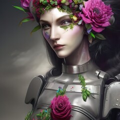 Cyborg women Porträt with flowers
 generative ai