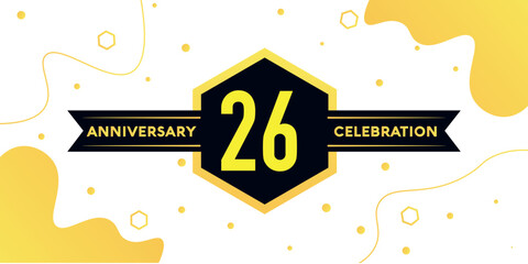 26 years anniversary logo vector design with yellow geometric shape with black and abstract design on white background template