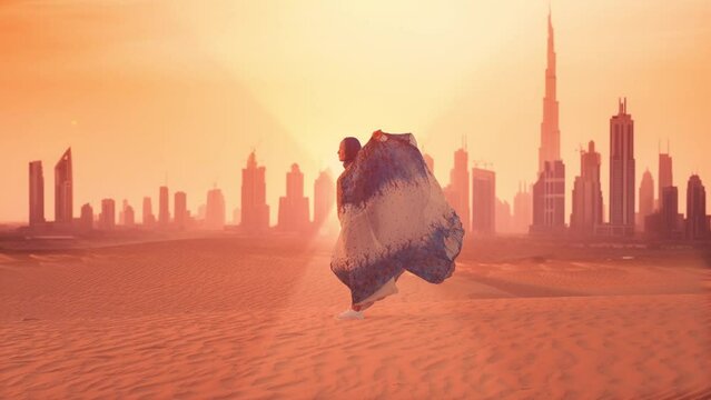 woman dressed in traditional Arab clothing standing in the midst of a vast desert landscape. In the background, the stunning skyline of Dubai is silhouetted
