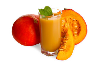 Glass of pumpkin juice and fresh vegetables with mint leaves on white background