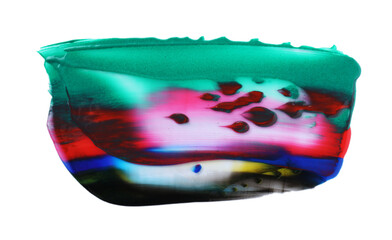 Red, black, green and blue chameleon paint samples on white background, top view