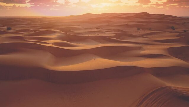 Drone flying over massive sand dunes at sunrise. Aerial bird view of desert landscape. Clouds moving fast in the sky