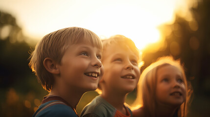 Fototapeta premium group of children friends playing in a sunset