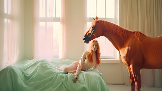 red-haired woman in a surreal room with horses
