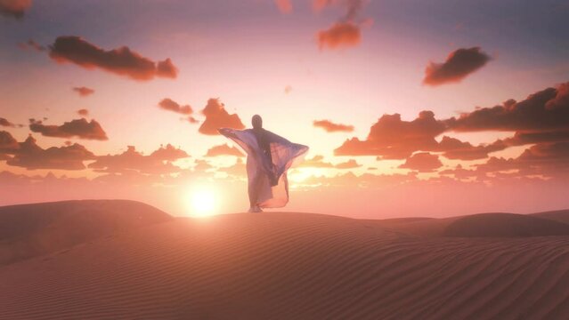 Women wearing beautiful blue and white Arab clothes rising her hands at the desert