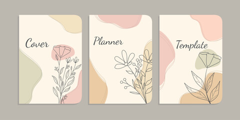 set of beautiful book cover designs with hand drawn floral decorations. aesthetic botanical abstract background. size A4 For notebooks, diaries, planners, brochures, books, catalogs
