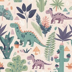 cute children archeology wallpaper in pastel colors, with dinosaurs and plants