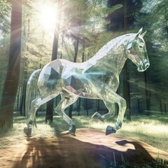 glass horse galloping in a green forest, beautiful abstract illustration, ai generated