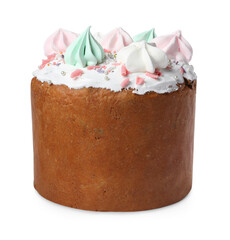 Traditional Easter cake with sprinkles and meringues isolated on white