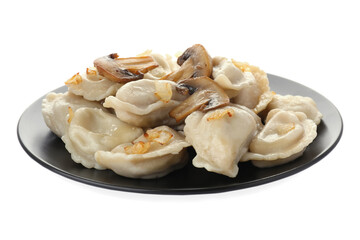 Delicious dumplings (varenyky) with potatoes, mushrooms and onion on white background