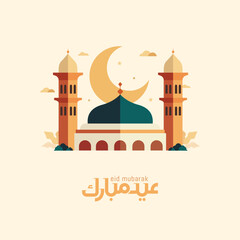 Eid mubarak greeting card with the Arabic calligraphy means Happy eid and Translation from arabic: may Allah always give us goodness throughout the year and forever
