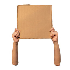 Hands holding cardboard. Demonstration concept.