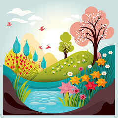 landscape with trees and flowers