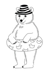 Funny cute little bear in panama hat and swimming circle on the beach.  Vector hand-drawn line illustration.