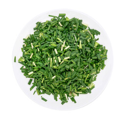 Chop up the garlic chive on white dish,top view isolated