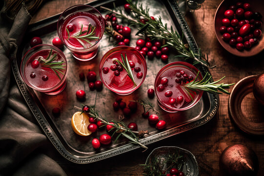 A tray filled with Cosmopolitan cocktails, garnished with cranberries and rosemary sprigs.