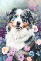 Stunning Pastel Australian Shepherd dog in a Floral Wonderland: A Scene of a Majestic Animal Surrounded by Delicate Flowers in a Soft and Dreamy Style with Beautiful Serenity Generative AI