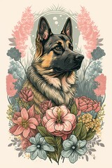 Designer Pastel German Shepherd dog in a Wonderland of Floral: A Serene Scene of a Beautiful Majestic Animal Surrounded by Delicate Flowers in a Soft and Dreamy Style Generative AI