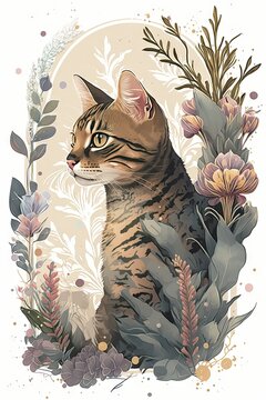 Artistic Pastel Toyger cat in a Floral Wonderland: A Beautifully Serene Scene of a Majestic Animal Surrounded by Delicate Flowers in a Soft and Dreamy Style Generative AI