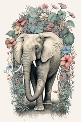 Artistic Pastel Elephant in a Floral Wonderland: A Beautifully Serene Scene of a Majestic Animal Surrounded by Delicate Flowers in a Soft and Dreamy Style Generative AI