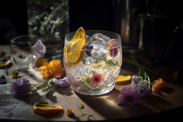 Fototapeta na wymiar Gin and tonic adorned with edible flowers