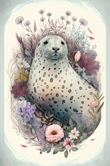 Artistic Pastel leopard seal in a Floral Wonderland: A Beautifully Serene Scene of a Majestic Animal Surrounded by Delicate Flowers in a Soft and Dreamy Style Generative AI