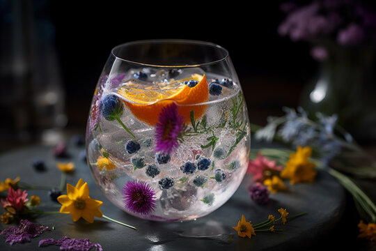 Gin and tonic adorned with edible flowers