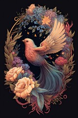 Designer Pastel Phoenix in a Wonderland of Floral: A Serene Scene of a Beautiful Majestic Animal Surrounded by Delicate Flowers in a Soft and Dreamy Style Generative AI